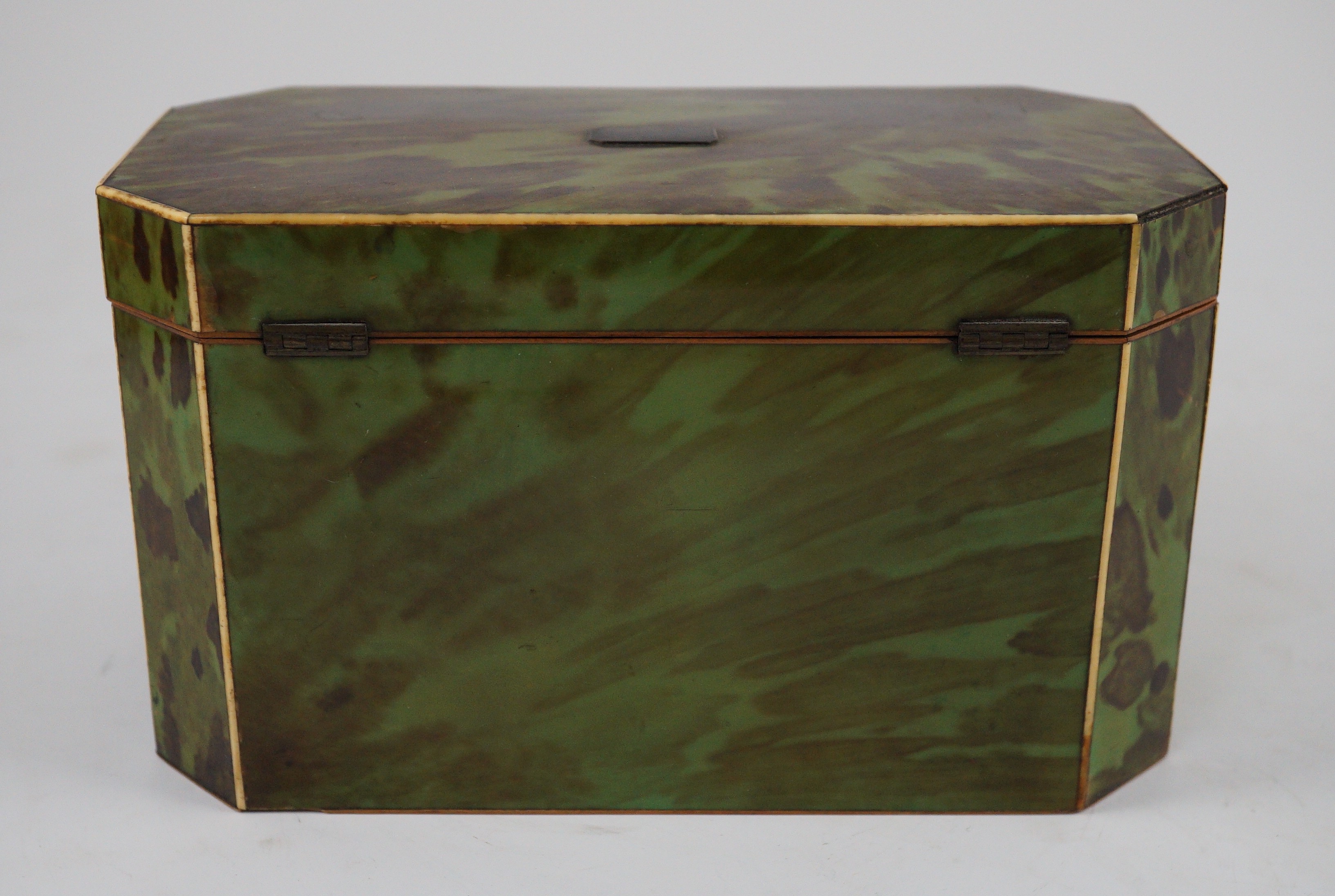 A George III green stained tortoiseshell and ivory octagonal tea caddy, 18.5cm wide 9.5cm deep 11cm high